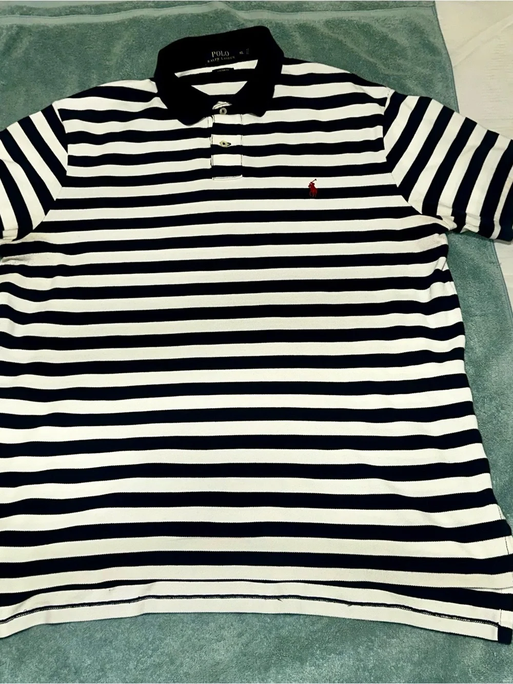 Ralph Lauren Navy and White Striped Polo with Red Logo custom slim fit